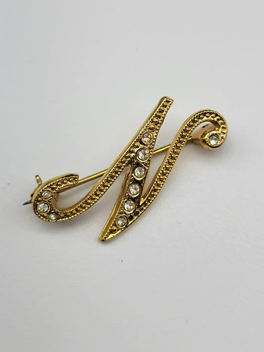 Vintage "N" Brooch with Rhinestones