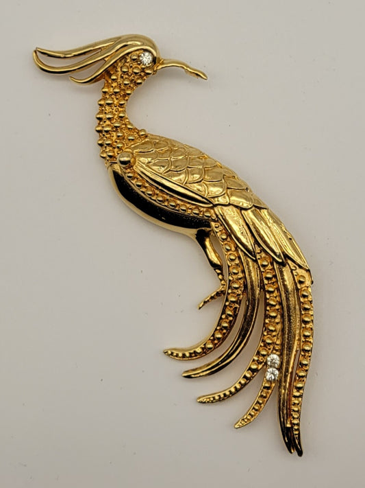 Vintage Gold Tone and Rhinestone Crane Brooch