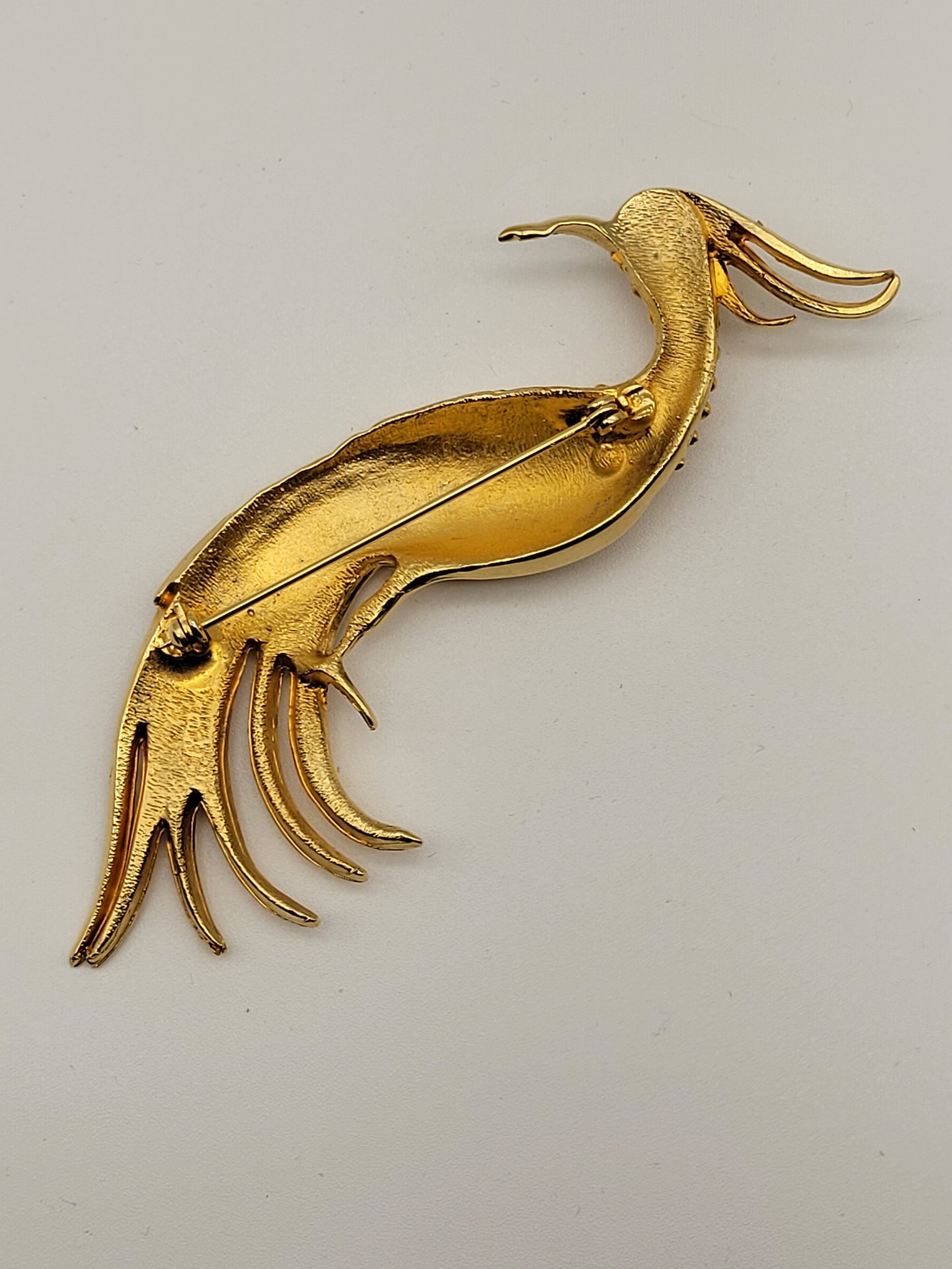 Vintage Gold Tone and Rhinestone Crane Brooch
